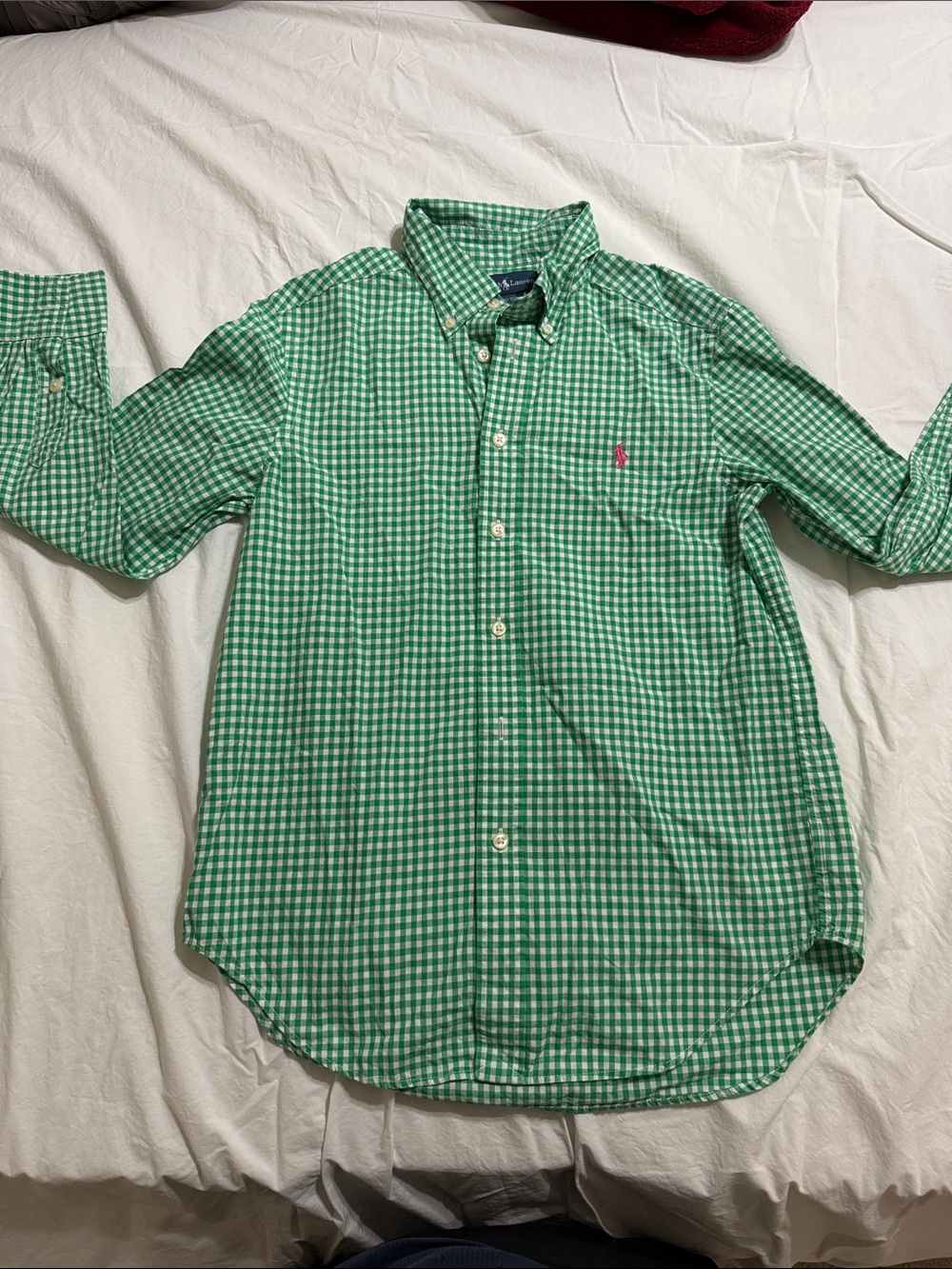 Ralph Lauren Green Gingham Button-Down Shirt with Pink Pony